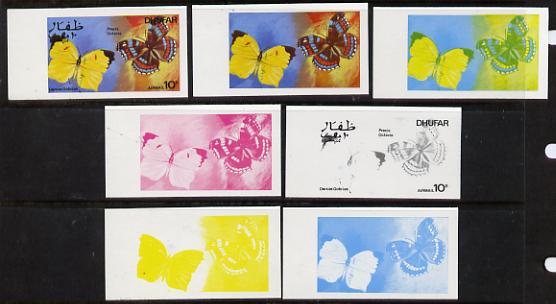 Dhufar 1977 Butterflies 10b (Dercas Gobrias & Precis Octavia) set of 7 imperf progressive colour proofs comprising the 4 individual colours plus 2, 3 and all 4-colour com..., stamps on butterflies