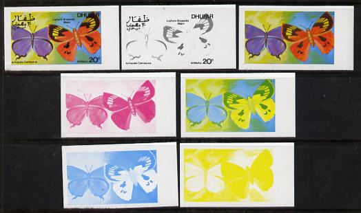 Dhufar 1977 Butterflies 20b (Arhopala C & Liphyra Brassolis Major) set of 7 imperf progressive colour proofs comprising the 4 individual colours plus 2, 3 and all 4-colou..., stamps on butterflies