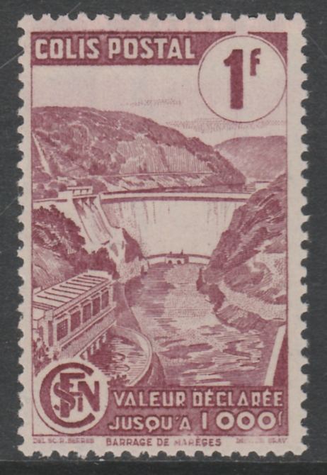 France - SNCF Railway Parcel Stamp 1944 Mareges Dam 1f purple unmounted mint, Yv 216*, stamps on railways, stamps on dams, stamps on civil engineering