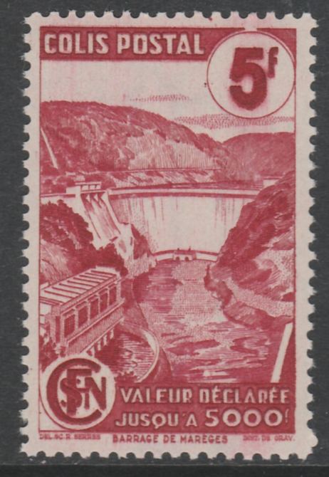 France - SNCF Railway Parcel Stamp 1944 Mareges Dam 5f carmine unmounted mint, Yv 217*, stamps on railways, stamps on dams, stamps on civil engineering