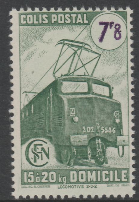 France - SNCF Railway Parcel Stamp 1945 Electric Locomotive 7f8 green & violet unmounted mint, Yv 232*, stamps on railways, stamps on energy