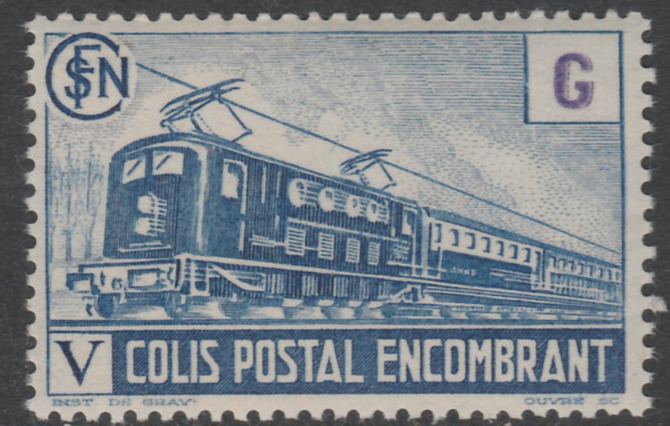 France - SNCF Railway Parcel Stamp 1945 Electric Loco blue & violet (6f6) (G in value tablet) unmounted mint Yv 224*, stamps on railways, stamps on energy