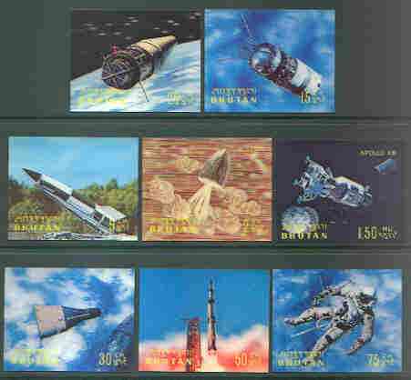 Bhutan 1970 Apollo 13 'Postage' set of 8 in 3-dimensional format unmounted mint, Mi 412-19, stamps on space, stamps on apollo, stamps on  3d , stamps on 