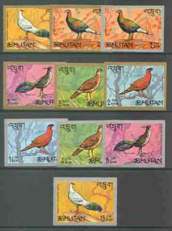 Bhutan 1968 Pheasants imperf set of 10 complete unmounted mint, Mi 179-88B, stamps on birds, stamps on game, stamps on pheasants