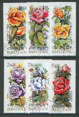 Bhutan 1973 Roses (on scented paper), perf set of 6 very fine cto used, Mi 545-50A*, stamps on flowers, stamps on roses