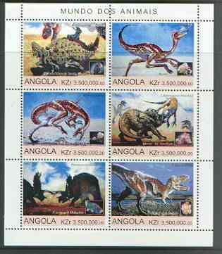 Angola 2000 Dinosaurs sheetlet containing set of 6 values unmounted mint, stamps on animals, stamps on dinosaurs