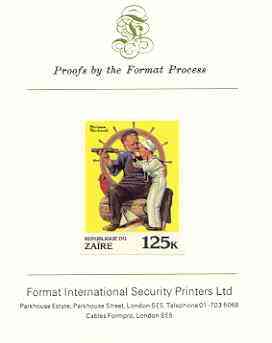 Zaire 1981 Boy Looking through Telescope with Sailor by Norman Rockwell 125k imperf proof mounted on Format International proof card, stamps on arts, stamps on telescope, stamps on uniforms