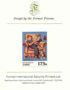 Zaire 1981 Boy in Armchair playing Trumpet by Norman Rockwell 175k imperf proof mounted on Format International proof card, stamps on arts, stamps on music, stamps on musical instruments
