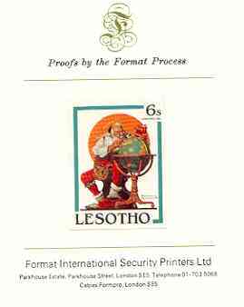 Lesotho 1981 Santa Planning his Annual Visit by Norman Rockwell 6s imperf proof mounted on Format International proof card, stamps on arts, stamps on santa