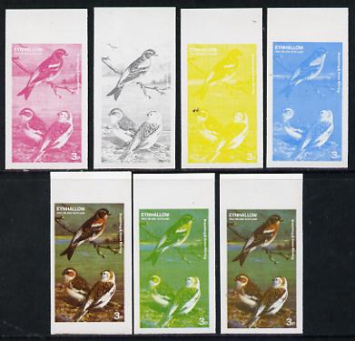 Eynhallow 1977 Birds #01 Brambling & Snow Bunting 3p set of 7 imperf progressive colour proofs comprising the 4 individual colours plus 2, 3 and all 4-colour composites u..., stamps on birds