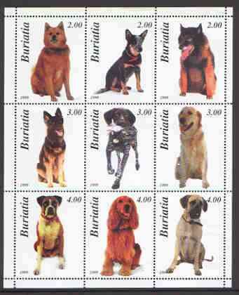 Buriatia Republic 2000 Dogs (various breeds) perf sheetlet containing complete set of 9 values unmounted mint, stamps on dogs, stamps on  gsd , stamps on spaniel, stamps on golden retriever, stamps on boxer