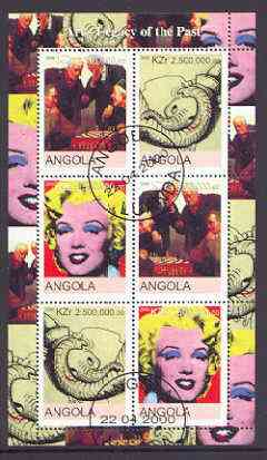 Angola 2000 Art Legacy of the Past perf sheetlet containing 6 values (Chess x 2, Marilyn x 2 & Jumbo x 2) fine cto used, stamps on personalities, stamps on elephants, stamps on marilyn monroe, stamps on chess, stamps on disney