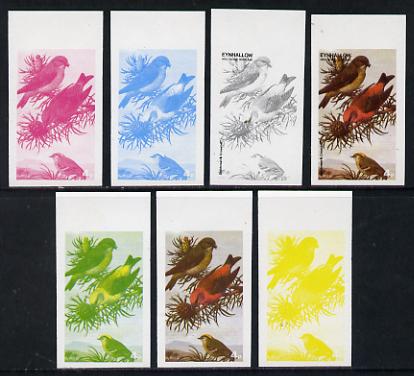 Eynhallow 1977 Birds #01 Goldcrest & Crossbill 4p set of 7 imperf progressive colour proofs comprising the 4 individual colours plus 2, 3 and all 4-colour composites unmo..., stamps on birds