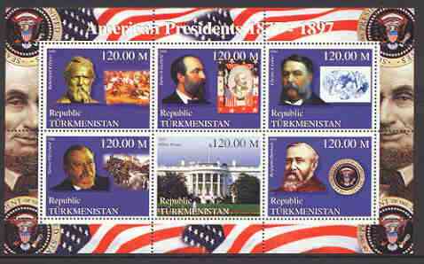 Turkmenistan 2000 US Presidents #03 perf sheet of 6 unmounted mint, containing Hayes, Garfield, Arthur, Cleveland & Harrison, background shows Trains, Horses, & Red Indians, stamps on personalities, stamps on americana, stamps on constitutions, stamps on railways, stamps on horses, stamps on indians