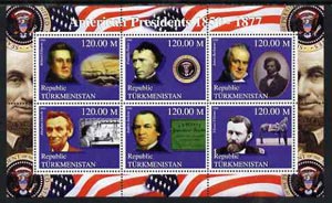Turkmenistan 2000 US Presidents #04 perf sheet of 6 unmounted mint, containing Fillimore, Pierce, Buchanan, Grant, Lincoln & Jackson, background shows Ships, Horses & Walt Disney, stamps on personalities, stamps on americana, stamps on constitutions, stamps on ships, stamps on horses, stamps on disney