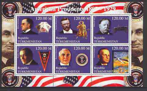 Turkmenistan 2000 US Presidents #06 perf sheet of 6 unmounted mint, containing McKinley, Roosevelt, Taft, Wilson, Harding & Coolidge, background shows Horses, Cars & Planes, stamps on , stamps on  stamps on personalities, stamps on americana, stamps on constitutions, stamps on cars, stamps on  stamps on horses, stamps on aviation, stamps on umbrella, stamps on ww2, stamps on  stamps on nato, stamps on  stamps on  ww2 , stamps on  stamps on 