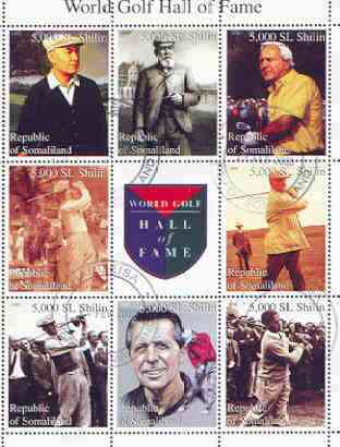 Somaliland 1999 Golf Hall of Fame perf sheetlet containing set of 8 values plus label fine cto used, stamps on sport, stamps on golf