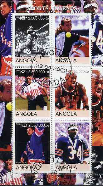 Angola 2000 Sports Legends perf sheetlet containing 6 values (Steffi Graf, M Jordan, Joe DiMaggio, W Paxton, W Gretsky & P Stewart) fine cto used, stamps on , stamps on  stamps on personalities, stamps on sport, stamps on tennis, stamps on basketball, stamps on baseball