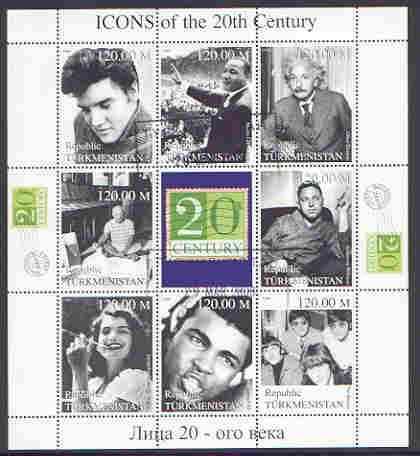 Turkmenistan 1999 Icons of the 20th Century #1 perf sheetlet containing set of 8 values  (Elvis, Einstein, Ali, Beatles etc) fine used, stamps on , stamps on  stamps on personalities, stamps on elvis, stamps on movies, stamps on cinema, stamps on films, stamps on boxing, stamps on physics, stamps on science, stamps on judaica, stamps on  stamps on millennium, stamps on  stamps on nobel, stamps on  stamps on islam, stamps on  stamps on personalities, stamps on  stamps on einstein, stamps on  stamps on science, stamps on  stamps on physics, stamps on  stamps on nobel, stamps on  stamps on maths, stamps on  stamps on space, stamps on  stamps on judaica, stamps on  stamps on atomics, stamps on  stamps on beatles