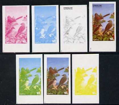 Eynhallow 1977 Birds #01 Whitethroat 10p set of 7 imperf progressive colour proofs comprising the 4 individual colours plus 2, 3 and all 4-colour composites unmounted mint, stamps on birds