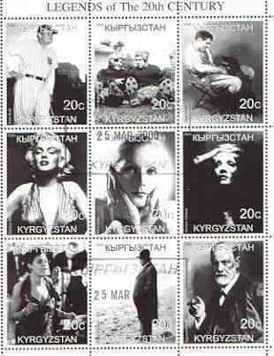 Kyrgyzstan 2000 Legends of the 20th Century perf sheetlet containing set of 9 values fine used (Babe Ruth, Burns & Allen, C Gable, Marilyn, Einstein, Billie Holiday, Freu..., stamps on films, stamps on cinema, stamps on entertainments, stamps on music, stamps on jazz, stamps on science, stamps on bridge (card game), stamps on nobel, stamps on marilyn monroe, stamps on baseball, stamps on judaica, stamps on masonics, stamps on millennium, stamps on personalities, stamps on einstein, stamps on science, stamps on physics, stamps on nobel, stamps on maths, stamps on space, stamps on judaica, stamps on atomics, stamps on masonry