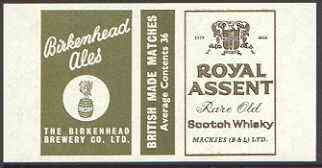 Match Box Labels - Royal Assent (Scotch Whisky) 'All Round the Box' matchbox label in superb unused condition, stamps on alcohol, stamps on whisky, stamps on scots, stamps on scotland