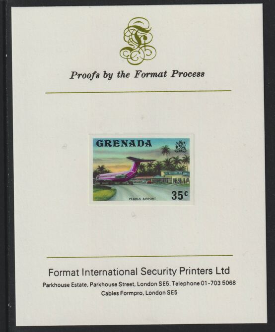 Grenada 1975 Pearls Airport 35c imperf proof mounted on Format International proof card (as SG 661), stamps on aviation, stamps on airports