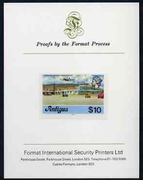 Antigua 1976 Coolidge Airport $10 (with imprint) imperf proof mounted on Format International proof card (as SG 486B), stamps on aviation, stamps on airports