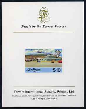 Antigua 1976 Coolidge Airport $10 (without imprint) imperf proof mounted on Format International proof card (as SG 486A), stamps on aviation, stamps on airports