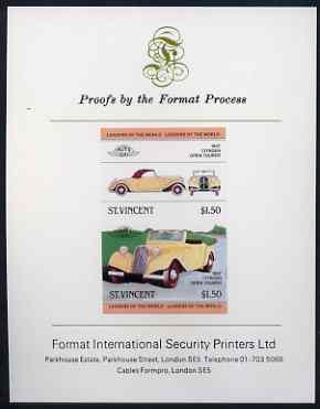 St Vincent 1983 $1.50 Citroen Tourer (1937) imperf se-tenant proof pair mounted on Format International proof card (as SG 731a), stamps on cars, stamps on citroen
