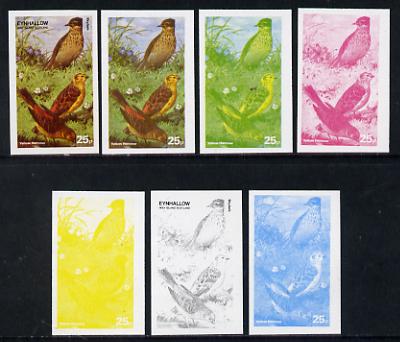 Eynhallow 1977 Birds #01 Yellow Hammer 25p set of 7 imperf progressive colour proofs comprising the 4 individual colours plus 2, 3 and all 4-colour composites unmounted m..., stamps on birds