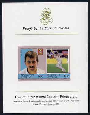 St Vincent - Grenadines 1985 Cricketers #3 - 60c L Potter - imperf se-tenant proof pair mounted on Format International proof card (as SG 366a), stamps on cricket, stamps on sport
