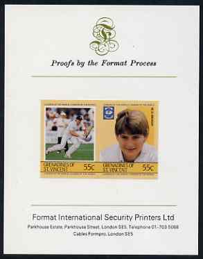 St Vincent - Grenadines 1985 Cricketers #3 - 55c M D Moxon - imperf se-tenant proof pair mounted on Format International proof card (as SG 364a), stamps on cricket, stamps on sport