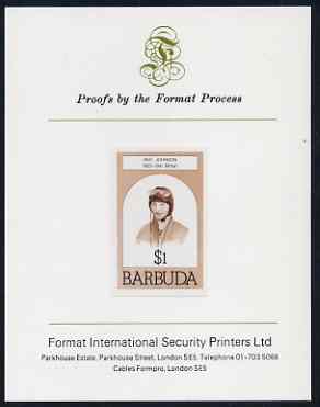 Barbuda 1981 Amy Johnson $1 imperf proof mounted on Format International proof card (as SG 548), stamps on aviation, stamps on personalities, stamps on women