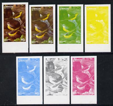 Eynhallow 1977 Birds #01 Yellow & Grey Wagtails 40p set of 7 imperf progressive colour proofs comprising the 4 individual colours plus 2, 3 and all 4-colour composites un..., stamps on birds