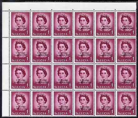 St Lucia 1967 unissued 1c with Statehood overprint in black, unmounted mint corner block of 24, one stamp with L flaw on R4/6, stamps on royalty