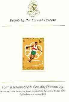 Maldive Islands 1976 Montreal Olympics 1r50 (Discus) imperf proof mounted on Format International proof card (as SG 660), stamps on sport, stamps on discus, stamps on olympics