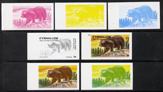Eynhallow 1977 North American Animals 3p (Grizzly Bear) set of 7 imperf progressive colour proofs comprising the 4 individual colours plus 2, 3 and all 4-colour composite..., stamps on animals    bear