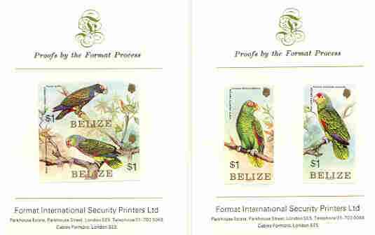 Belize 1984 Parrots set of 4 imperf proofs mounted on two Format International proof cards, stamps on birds, stamps on parrots