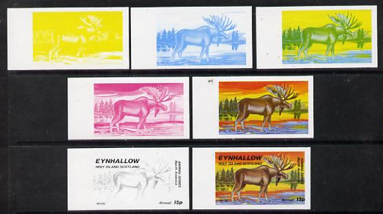 Eynhallow 1977 North American Animals 15p (Moose) set of 7 imperf progressive colour proofs comprising the 4 individual colours plus 2, 3 and all 4-colour composites unmounted mint, stamps on animals, stamps on deer
