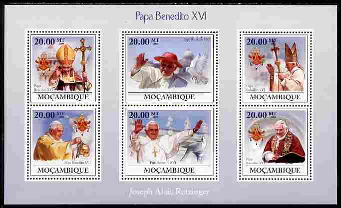 Mozambique 2009 Pope Benedict XVI perf sheetlet containing 6 vaues unmounted mint, stamps on personalities, stamps on pope
