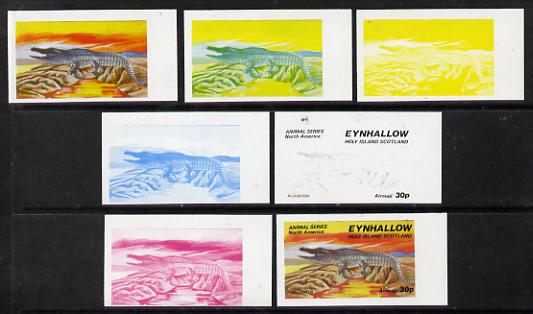 Eynhallow 1977 North American Animals 30p (Alligator) set of 7 imperf progressive colour proofs comprising the 4 individual colours plus 2, 3 and all 4-colour composites ..., stamps on animals    reptiles