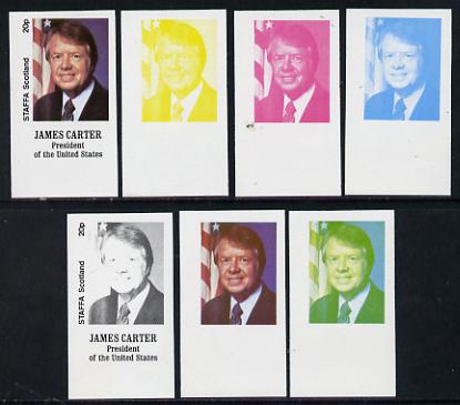 Staffa 1977 Carter/Mondale Inauguration 20p James Carter (President) set of 7 imperf progressive colour proofs comprising the 4 individual colours plus 2, 3 and all 4-colour composites unmounted mint, stamps on constitutions        americana personalities    usa-presidents