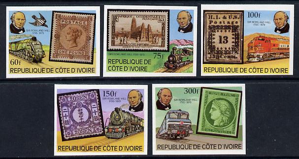 Ivory Coast 1979 Trains (Rowland Hill) imperf set of 5 vals unmounted mint, stamps on postal, stamps on railways, stamps on stamp on stamp, stamps on rowland hill, stamps on stamponstamp