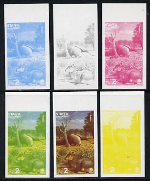 Staffa 1977 Wild Animals 2p (Mara & Anteater) set of 6 imperf progressive colour proofs comprising the 4 individual colours plus 2 and all 4-colour composites unmounted mint, stamps on animals