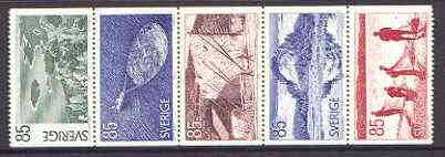 Sweden 1976 Tourism - Angermanland se-tenant set of 5 (ex booklets) unmounted mint SG 889-93, stamps on fishing, stamps on timber, stamps on tugs, stamps on hay, stamps on tourism, stamps on slania
