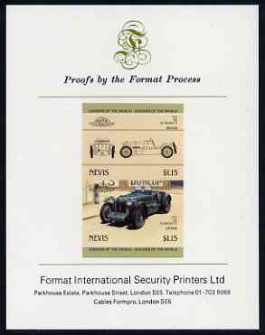 Nevis 1985 $1.15 MG K3 Magnette (1933) imperf se-tenant proof pair mounted on Format International proof card (as SG 332a), stamps on cars, stamps on  mg , stamps on 