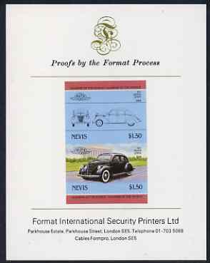 Nevis 1985 $1.50 Lincoln Zephyr (1937) imperf se-tenant proof pair mounted on Format International proof card (as SG 334a), stamps on cars, stamps on lincoln