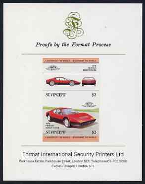 St Vincent 1983 $2 Ferrari Boxer  512BB (1976) imperf se-tenant proof pair mounted on Format International proof card (as SG 737a), stamps on cars, stamps on ferrari