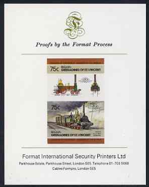 St Vincent - Bequia 1984 Locomotives #2 (Leaders of the World) 75c (4-4-2 Borsig) imperf se-tenant proof pair mounted on Format International proof card, stamps on railways